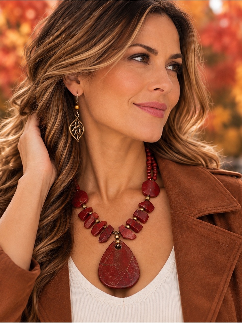 VINMOD Designs Reddish Stone Pendant with Brass Beads Necklace Set 16" - 18"